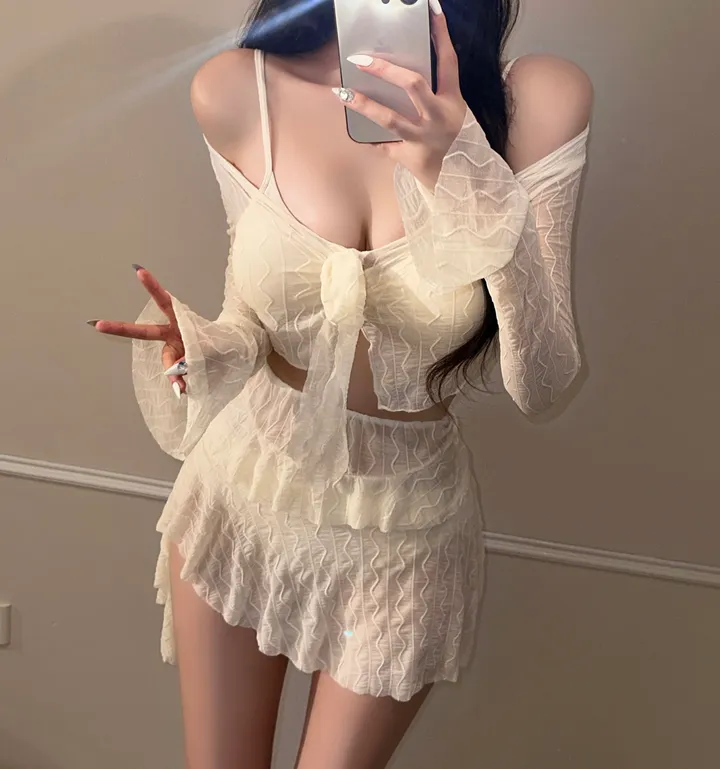 [최저가/군살커버/핏대박!!] 4pcs 커버업 크롭 물결 여리핏 가디건 + 프릴 스판 언발 스커트 세트 섹시 글램 청순 비키니 인생샷 수영복 비치웨어 휴양지 해외여행 시스루 유니크 상세 이미지 3