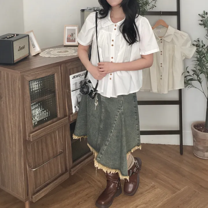 (특가!) [빈티지/우드버튼🌲] 모리걸 라운드카라 셔링 우드 투버튼 반팔 블라우스 상세 이미지 26
