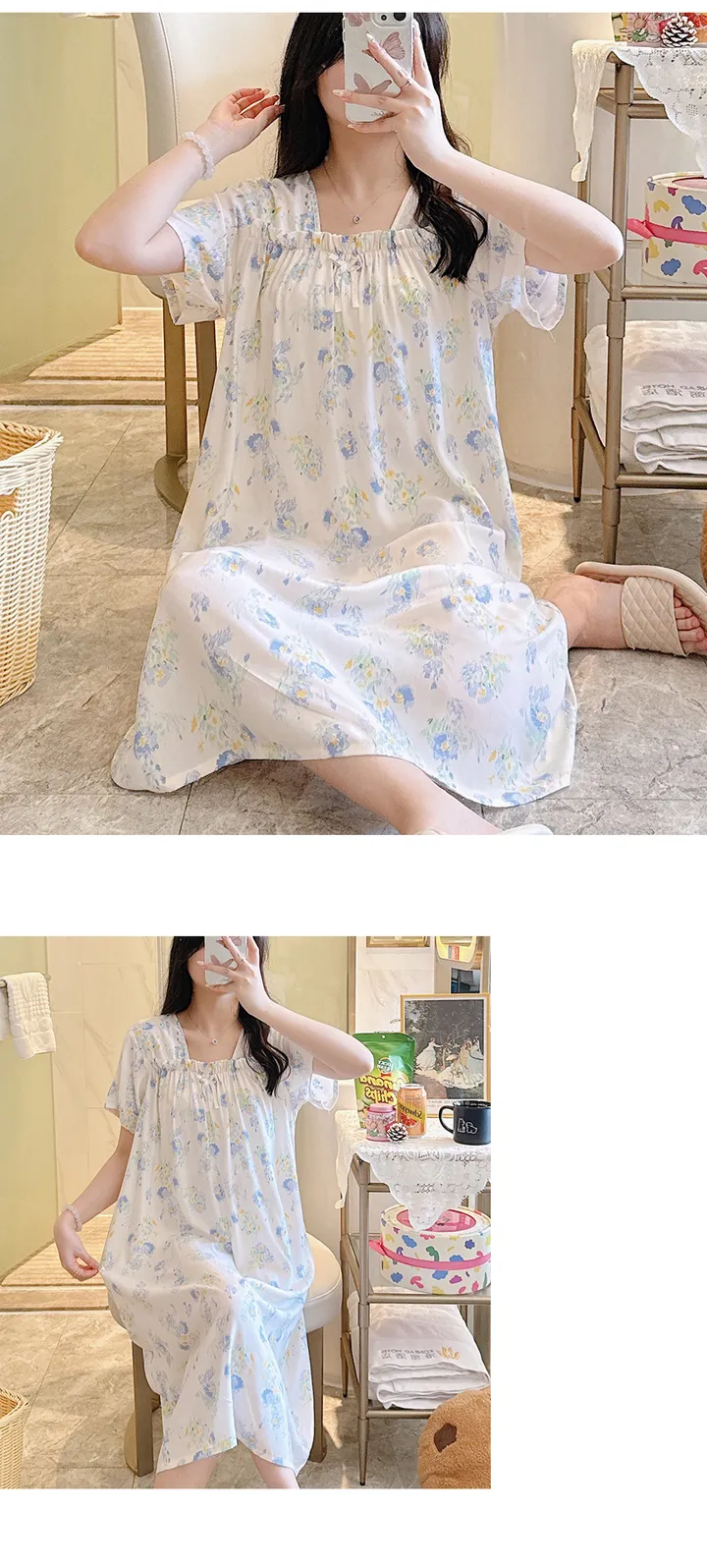 러블리 플라워패턴 홈웨어 💐 꽃무늬 앞셔링 반팔원피스 여름파자마 잠옷선물 CW루체 상세 이미지 9