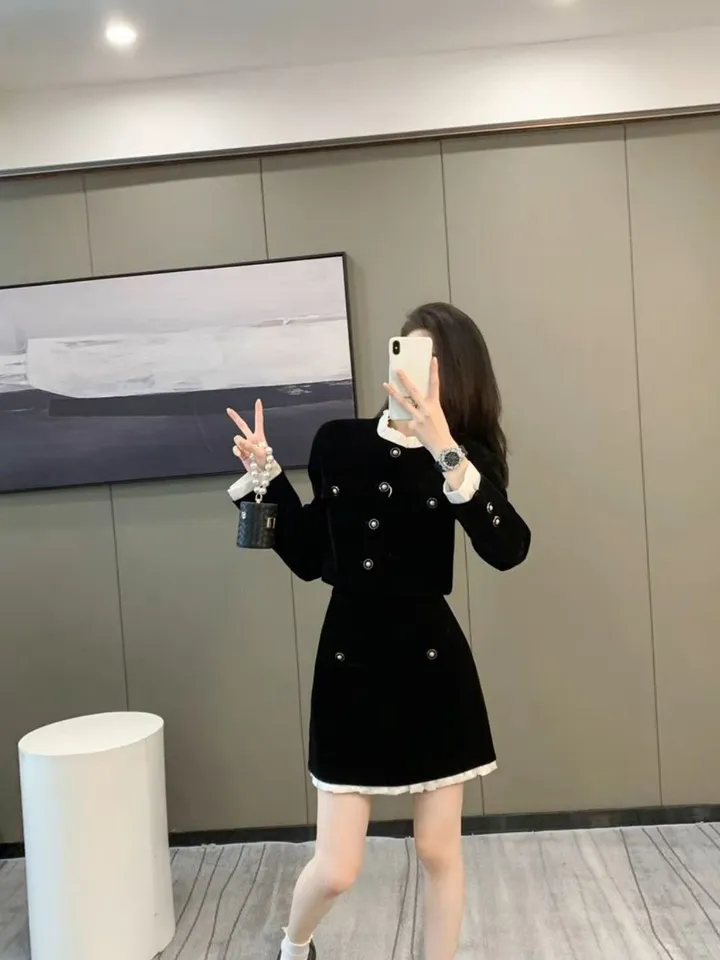 [44-88/봄신상] 벨로아 벨벳 자켓 미니 스커트 투피스 세트 배색 상세 이미지 17