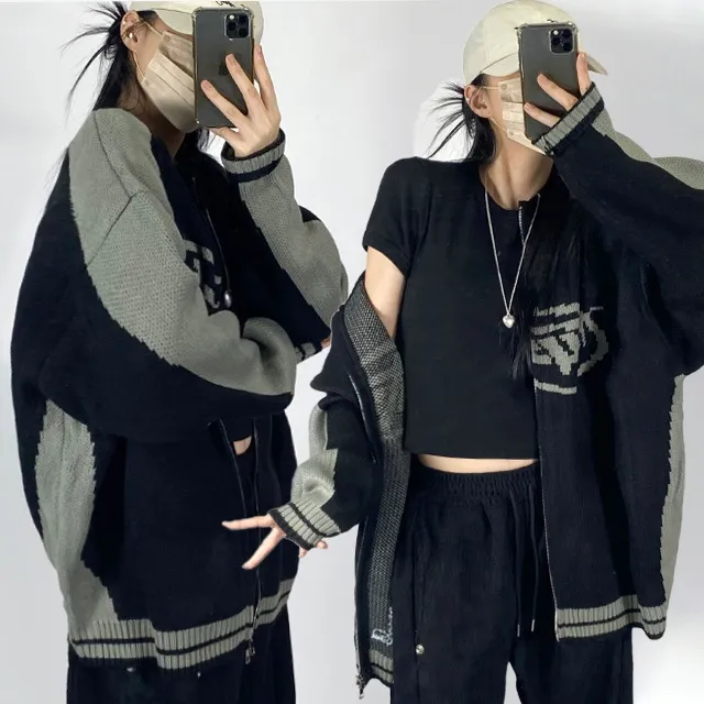 [~3XL] 빈티지 힙무드 박시니트집업💝 배색 나그랑 스트릿/투웨이 남녀공용 커플 빅사이즈 [4070] 상세 이미지 22