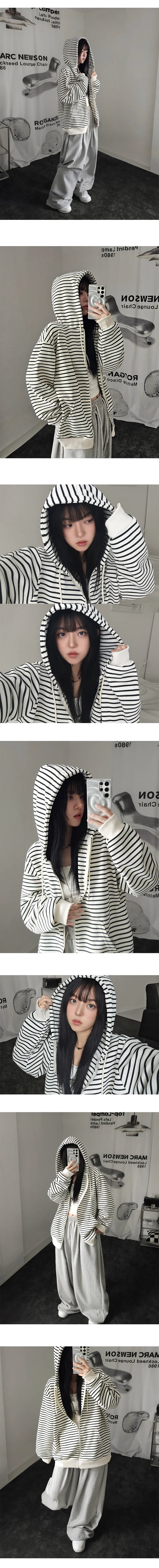[차르르핏🖤] 오버루즈 하이퀄 단가라 스트라이프 후드 집업 onecolor 상세 이미지 4