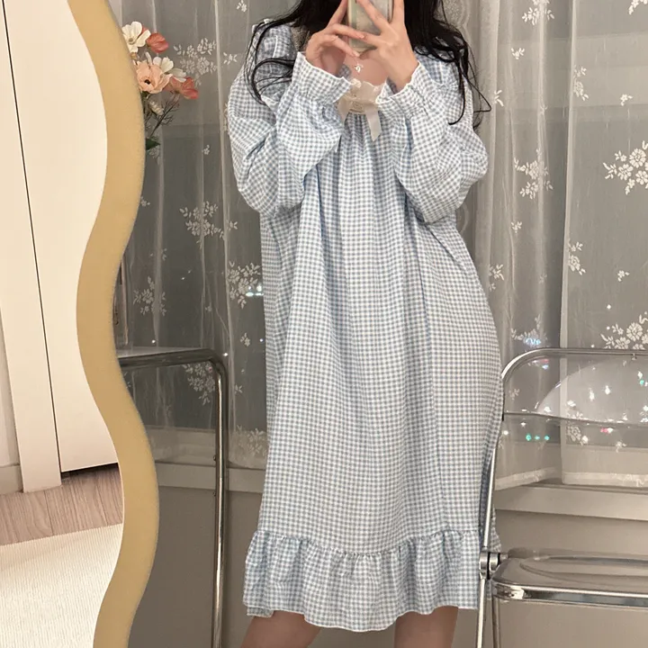 [당일출고/3컬러] 루즈핏 귀여운 스몰 체크 오버핏 긴팔 원피스 파자마 잠옷 상세 이미지 12