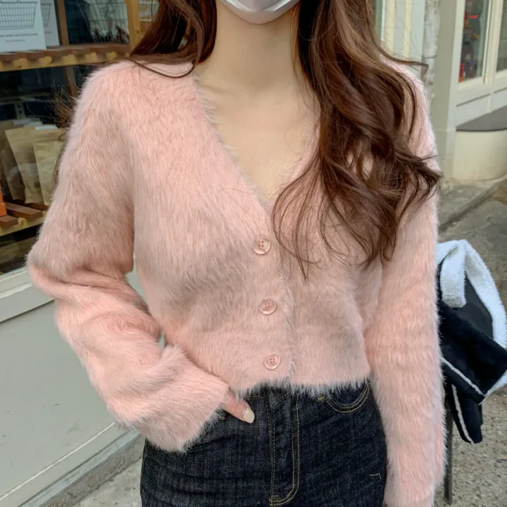 [심쿵핏/털빠짐X] 따뜻 도톰 파스텔 루즈핏 앙고라 모헤어 크롭 브이넥 벌룬 소매 깃털 퍼 니트 가디건 상세 이미지 56