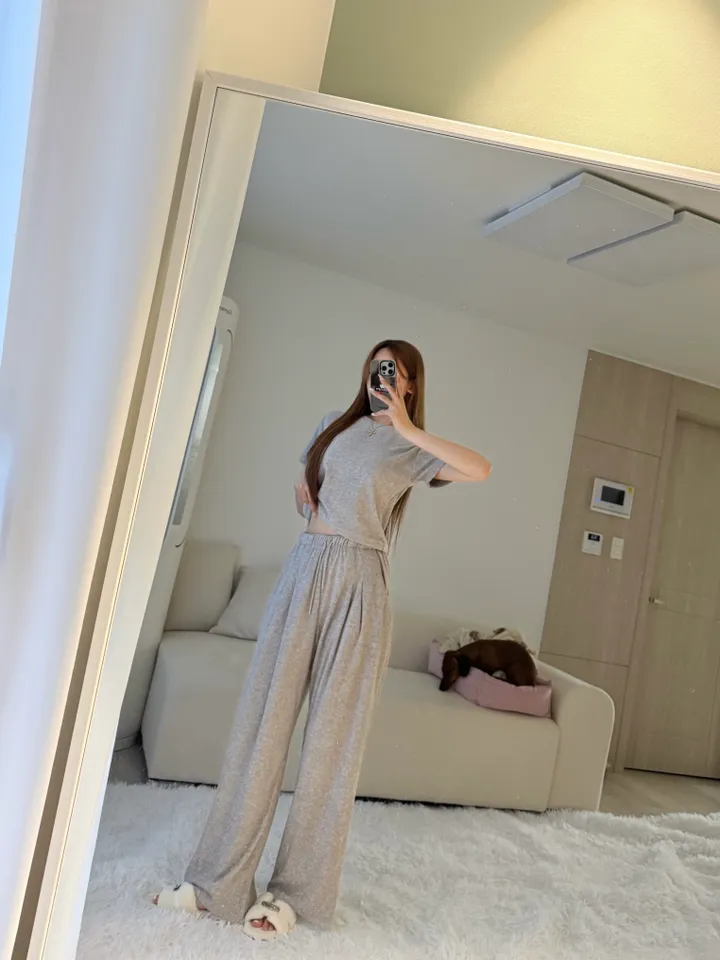 [교복템❕/강추] 테리 타올 크롭 반팔 티셔츠 핀턱 밴딩 와이드팬츠 투피스 트레이닝 세트 상세 이미지 13