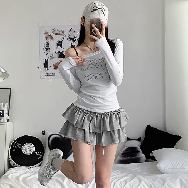 [날씬여리/3col] 해프닝 원숄더 레터링 시스루 긴팔 티셔츠 / 빈티지레터링 / 프린팅티셔츠 / 언발넥 / 오프숄더 / y2k / 트렌디 / 힙무드 / 군살커버 / 여리글램 상세 이미지 10