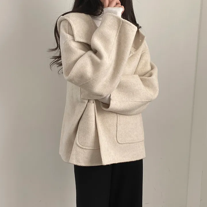 (껴입어도 넉넉한 사이즈) 오버핏 울 핸드메이드 후드 하프코트 상세 이미지 14