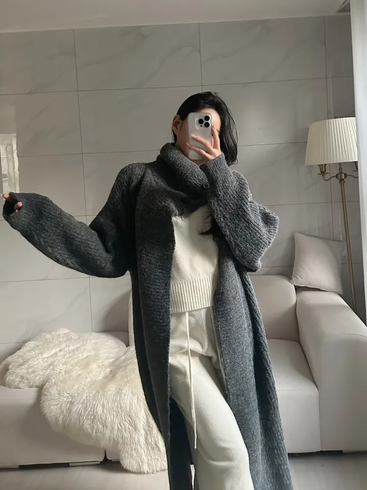 [아이당일] *도톰따숩 터틀넥 울 숄 빅카라 꽈배기 뜨개 니트 맥시롱가디건 울롱코트 울가디건(5color) 상세 이미지 20