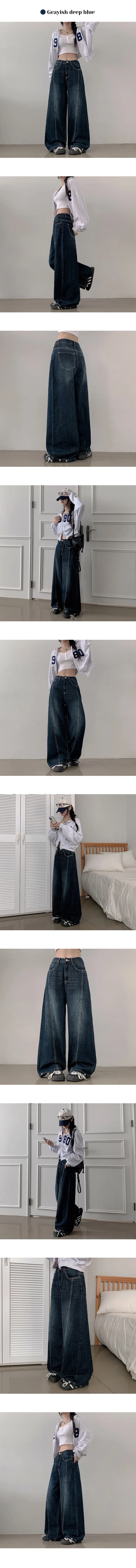 3일할인[2XL까지!/숏,기본,롱/핏조절O] 르반 하웨스트 절개 스티치 워싱 와이드 데님 팬츠 (4color) 상세 이미지 8