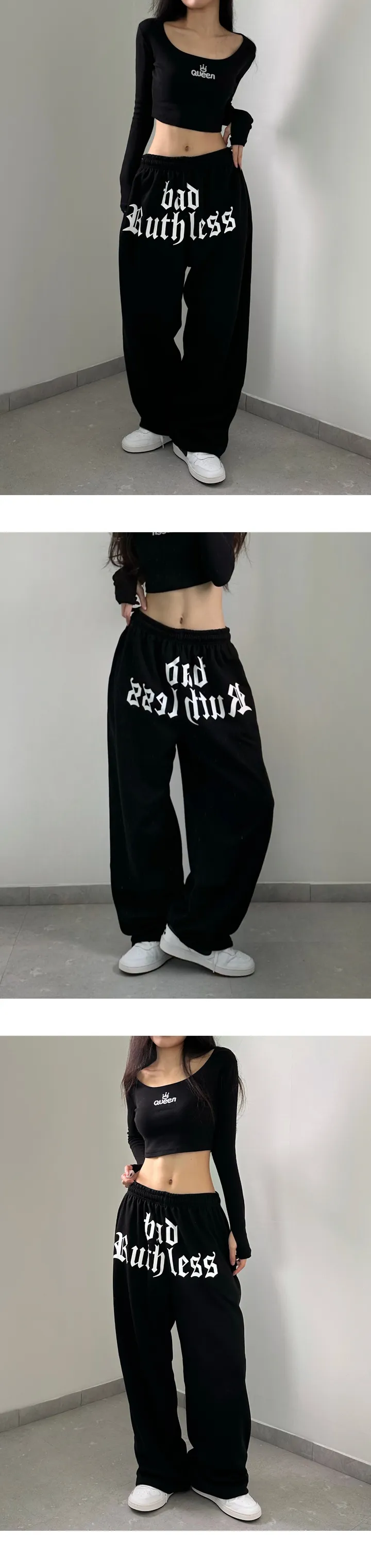 [ 핏보장 ] 배드 빅 레터링 프린팅 Y2K 힙 롱 와이드 빅사이즈 남녀공용 커플 댄스복 트레이닝 오버핏 팬츠 바지 ( 조거 팬츠 가능 ) 상세 이미지 3