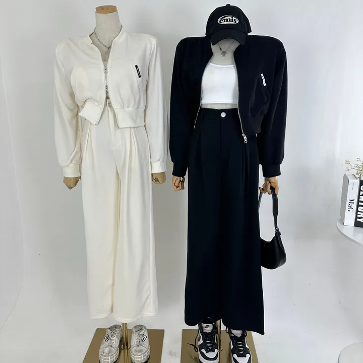 [패드내장/데일리/캐주얼/세트가격/봄투피스💞] 루즈핏 포켓 미니패치 패드 크롭 쭈리 투웨이 집업 + 하이 뒷밴딩 핀턱 롱 슬랙스 와이드팬츠 SET (3COLOR) 상세 이미지 5