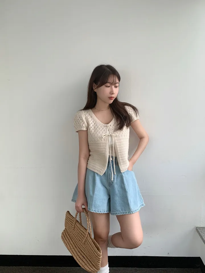 멜라운지 콤비 하프 가디건 mellounge 2col 반팔 여름 리본 펀칭 레이어드 러블리 상세 이미지 14