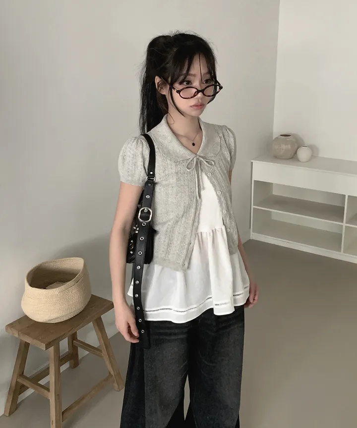 [러블리🌷반팔가디건] 게일 둥근 카라 리본 스트랩 크롭 반팔 가디건 봄 여름 가을 / 여름가디건 남방 크롭티 반팔티 흰티 이너티 아우터 뮤잉 상세 이미지 4