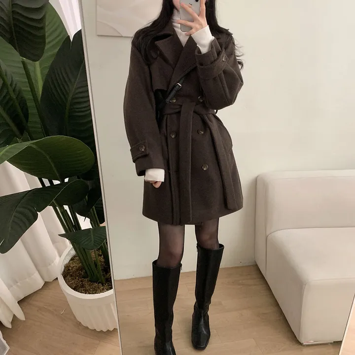 [누빔안감, 하객룩추천] 차분한무드 허리잘록 더블버튼 트렌치 하프 코트 상세 이미지 9