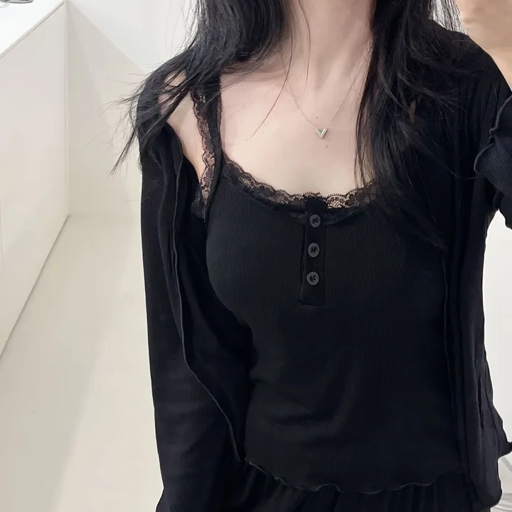 🖤[당일출고/최저가] 4ps 3ps 레이스 캡내장 잠옷 세트 상하 파자마 나시 긴바지 반바지 아우터 가벼운 스판기 섹시한 여성스러운 3피스 4피스 봄 여름 가을 홈웨어 3종 4종 상세 이미지 6
