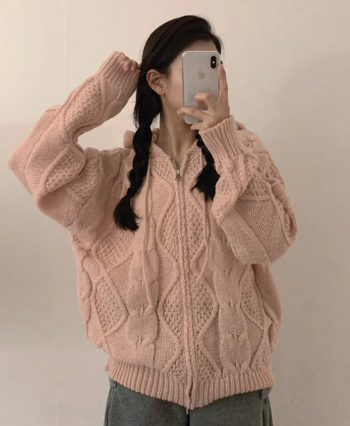 오버핏 데일리 꽈배기 울 후드 니트 집업 가디건 상세 이미지 6