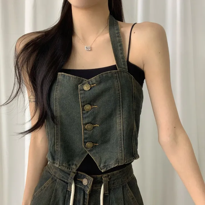 ⁎MADE [코디set/S~L] 치퍼 홀터 데님 크롭 뷔스티에 탑 나시 와이드 롱 생지 워싱 데님 청 팬츠 투피스 세트 <여행룩/힙/빈티지/인생샷!> 상세 이미지 13