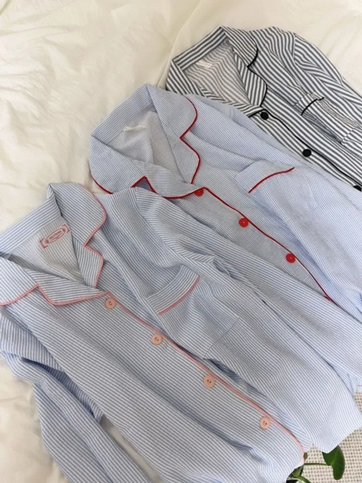 [💙긴팔잠옷set/심플💙]지지미면 잔스트라이프 3타입 컬러배색 잠옷세트 단가라 카라넥 시원한 봄여름가을 사계절 러블리 파자마파티 홈웨어세트 상세 이미지 2