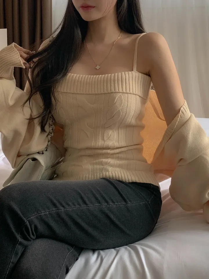 [찐애정템ㅠ고퀄버전*나시볼레로setෆ부유방삭제핏] 빈츠 꽈배기 끈나시 + 루즈핏 긴팔 볼레로 세트 니트 탑 나시 크롭 볼레로 가디건 스판 긴팔 투피스 세트 봄 가을 데일리룩 데이트 상세 이미지 15