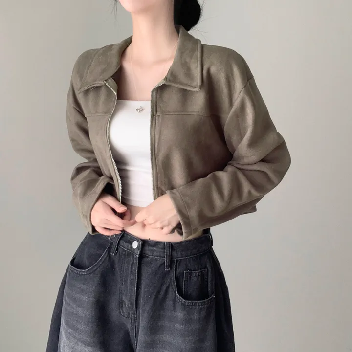 [갓성비템/보들원단!] 메드 카라 스웨이드 절개 긴팔 숏 크롭 자켓 점퍼 상세 이미지 17