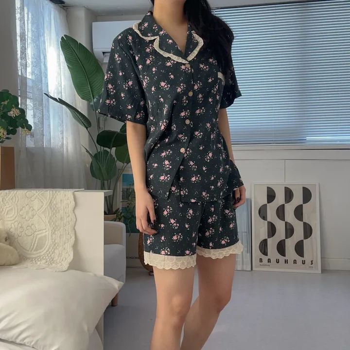 [당일출고] 핑크 플라워 네이비 레이스 카라 반팔 반바지 파자마 잠옷세트 (패드내장) 상세 이미지 9