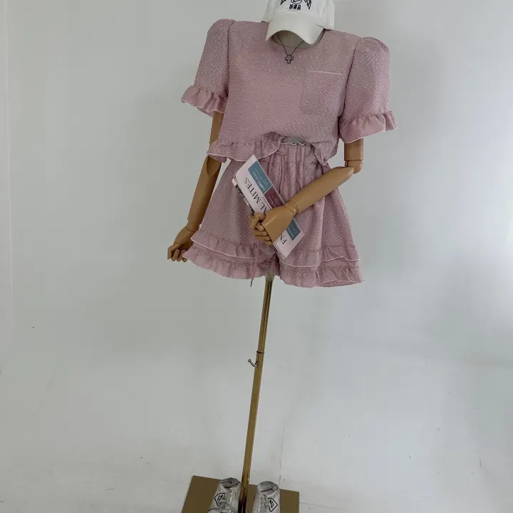 [패드내장/러블리/귀여운/트레이닝세트] 루즈핏 러플 포켓 배색 프릴 부클 지지미 블라우스 티셔츠 + 하이 밴딩 이단 프릴 배색 숏팬츠 SET (3COLOR) 상세 이미지 10