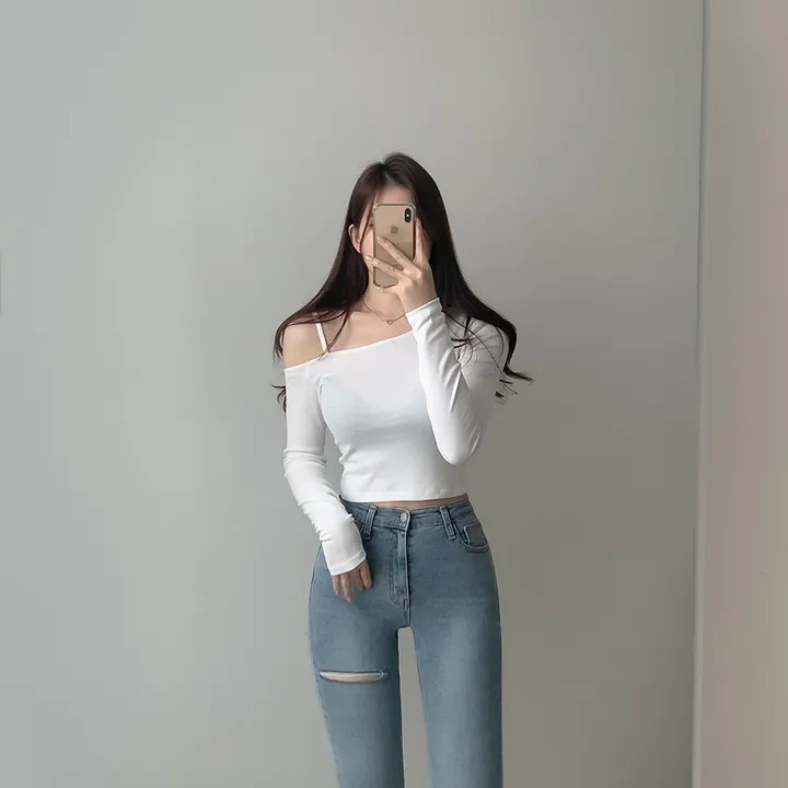 (여리여리!,언발트임) 코코 언발 어깨트임 오프숄더 슬림 크롭 티셔츠 5color (S/S) 상세 이미지 3