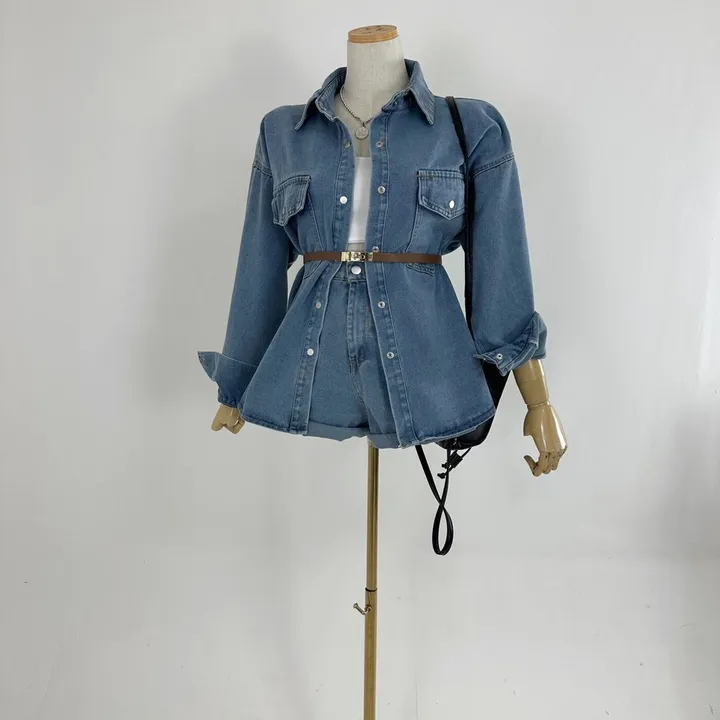 [하이틴/캐주얼/데일리/청청코디/세트가격💕] 루즈핏 포켓 워싱 데님 또또 셔츠 남방 자켓 + 하이 뒷밴딩 데님 숏반바지 팬츠 SET (2COLOR) 상세 이미지 20