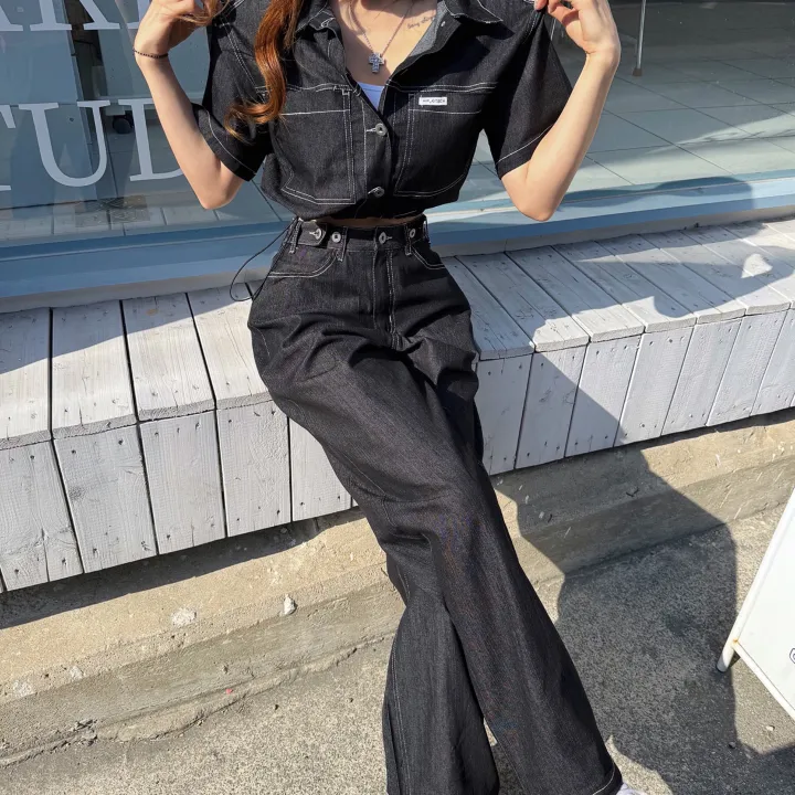 [오직힙샵만/데님투피스] 스티치 생지 포켓 패치 스트링 흑청 크롭 데님 자켓+ 하이 비죠 단추 롱 와이드팬츠 청청 투피스 세트 (2color) 상세 이미지 9