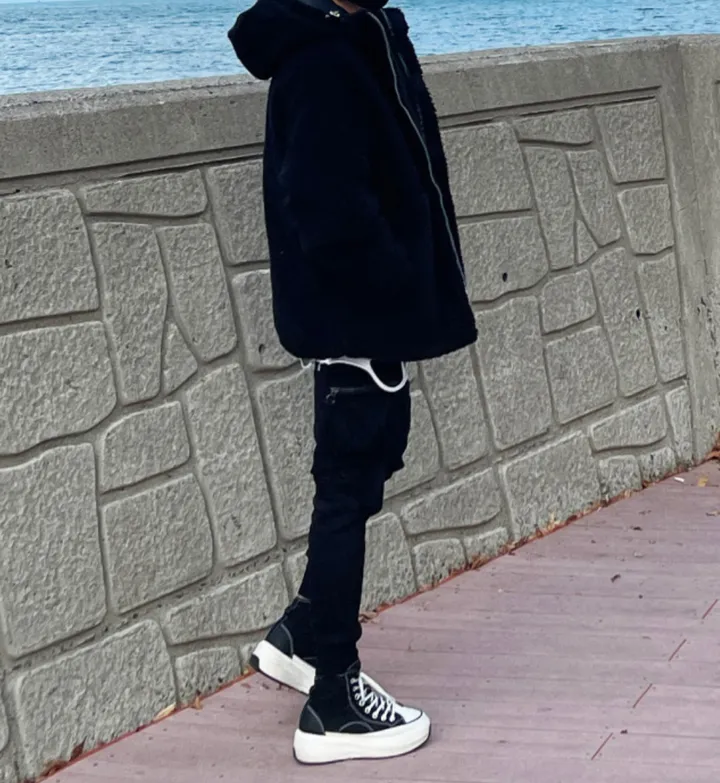 덤블 헤비 양털 패딩 오버핏 투웨이 스트링 후리스 뽀글이 후드 집업 자켓 점퍼 상세 이미지 75