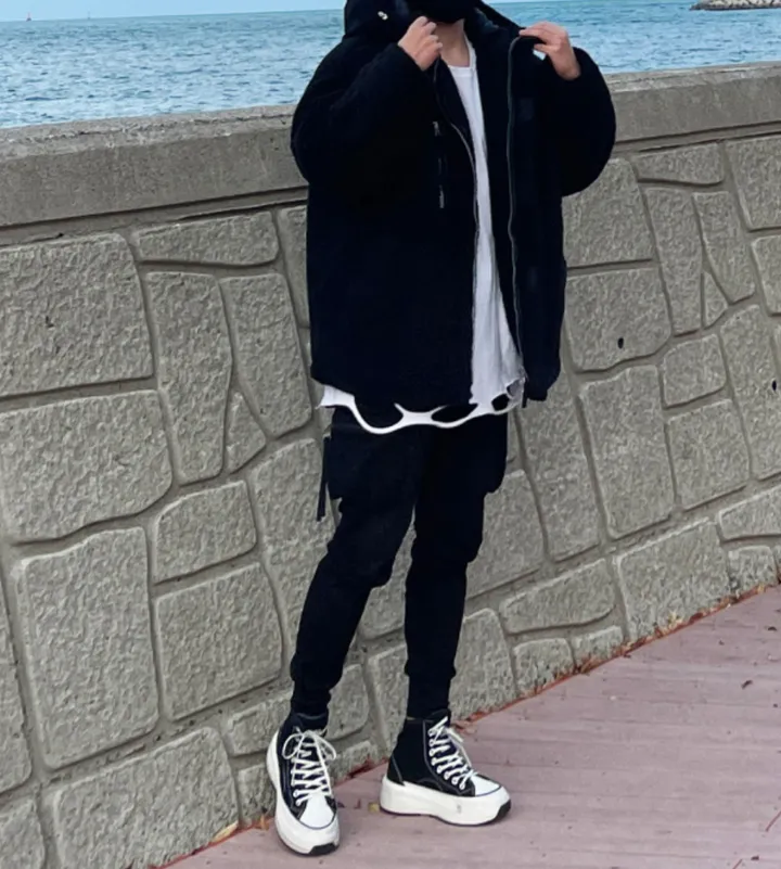 덤블 헤비 양털 패딩 오버핏 투웨이 스트링 후리스 뽀글이 후드 집업 자켓 점퍼 상세 이미지 76