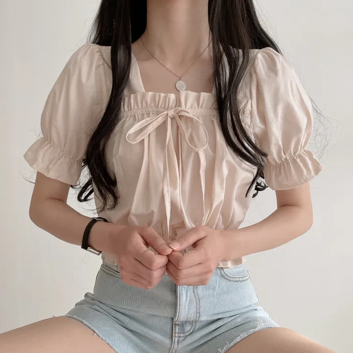 (4color) 여름기분 리본 퍼프스타일 반팔 블라우스 상세 이미지 12