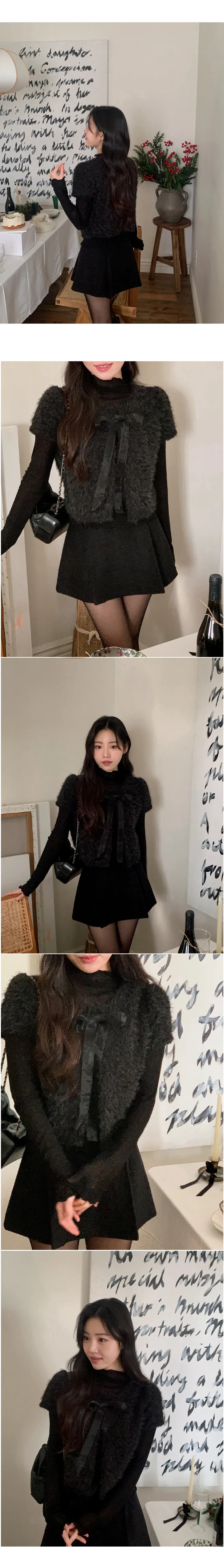 [하객룩][리본탈부착가능][리본 셋트][MADE][자체제작][국내 생산]스노우 시어 쉬폰 리본 퍼 반팔 가디건 (3color) 상세 이미지 45