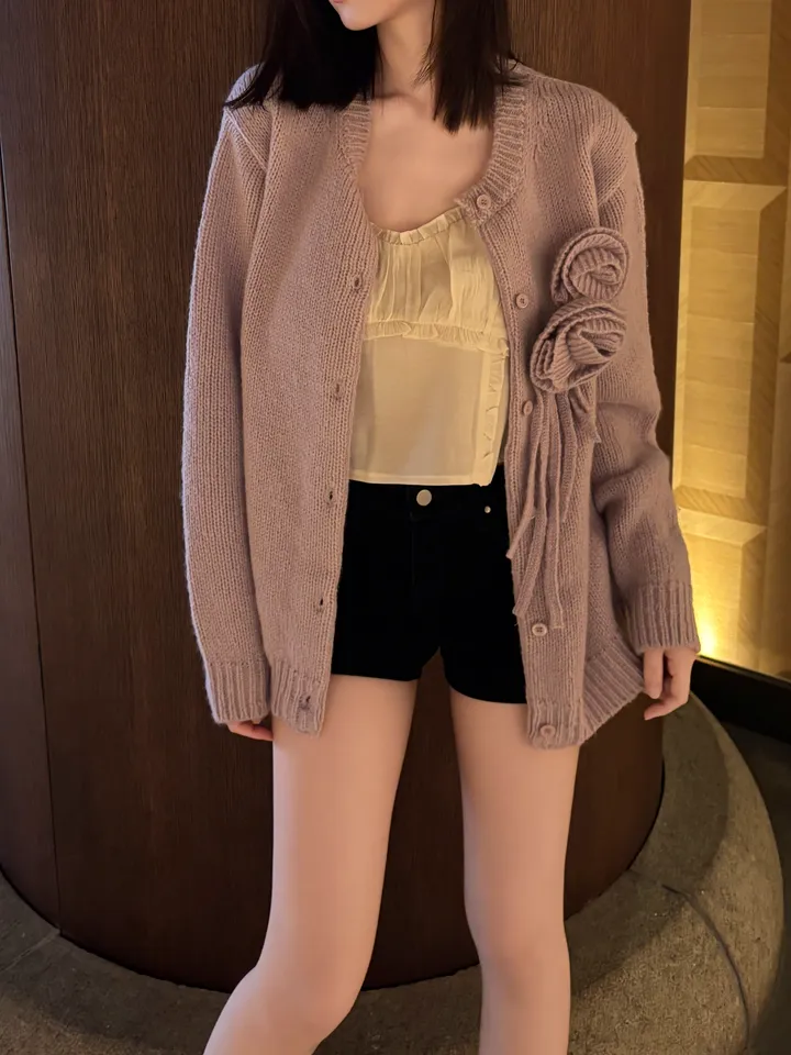 🌺제니 핀터레스트 무드 울50 꽃 코사지 루즈핏 가디건 상세 이미지 22