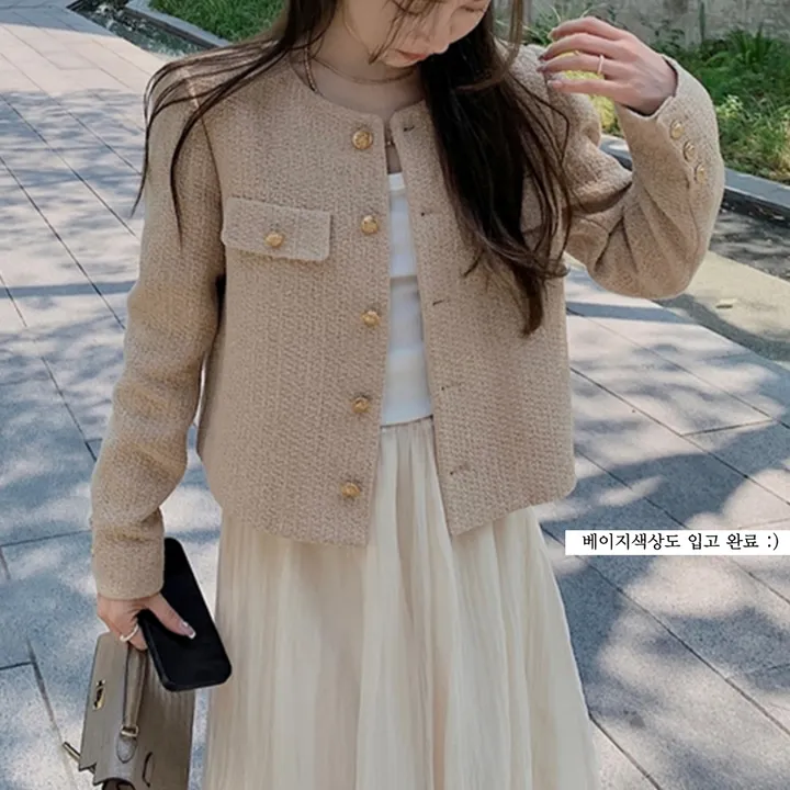 [색감맛집/최저가도전✨]백화점 퀄리티 트위드 도톰 자켓 크롭 노카라 라운드 긴팔 티 상세 이미지 17