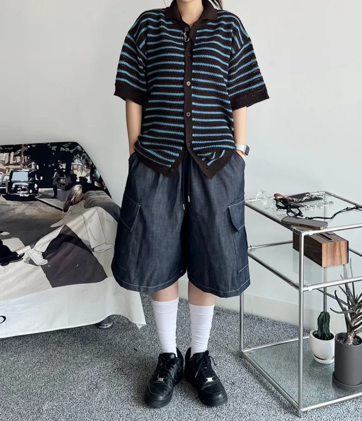 [통풍굿💨/반팔ver]델리ST 스트라이프 배색 오버핏 반팔 니트 가디건 커플 5color 상세 이미지 18
