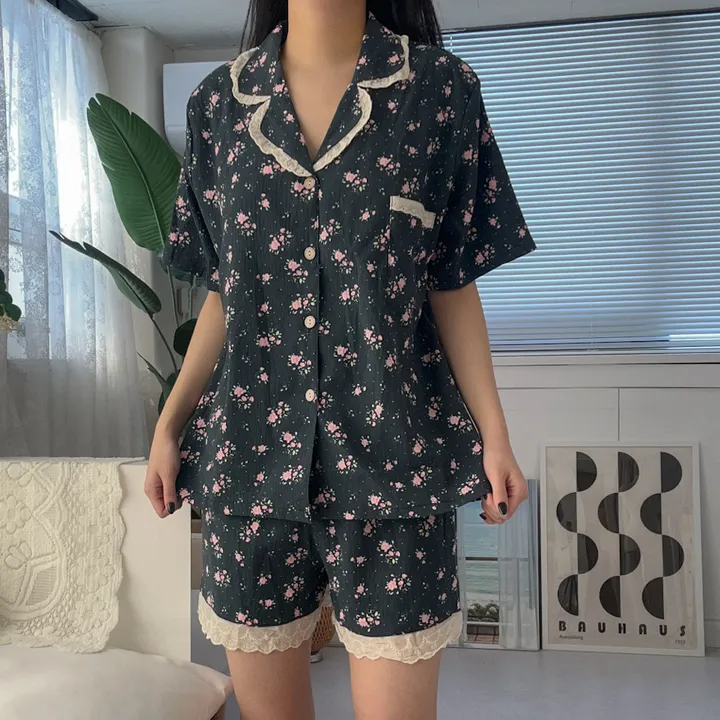 [당일출고] 핑크 플라워 네이비 레이스 카라 반팔 반바지 파자마 잠옷세트 (패드내장) 상세 이미지 8
