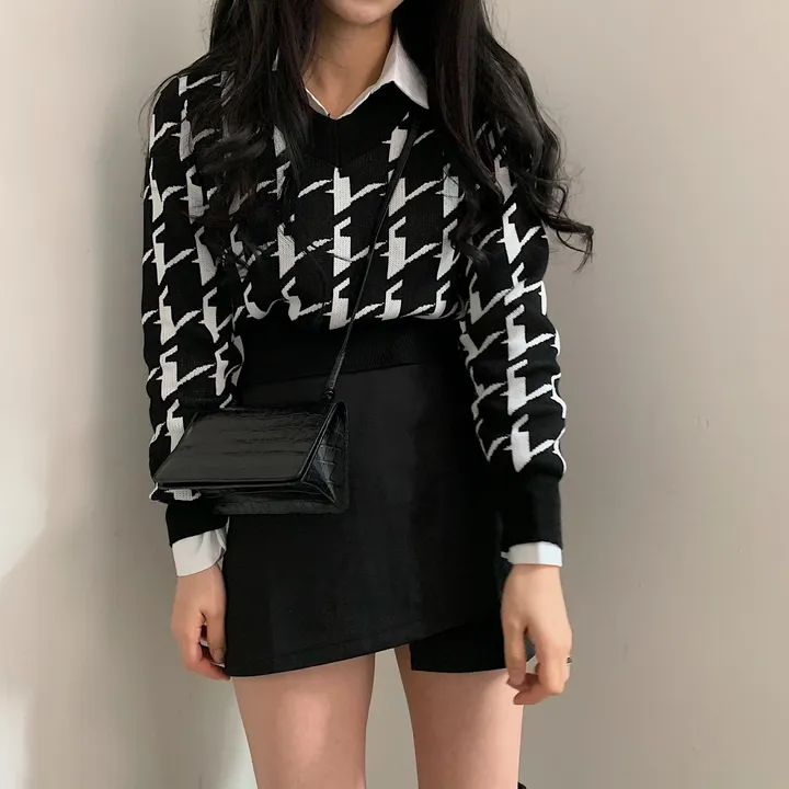 [몸매보정] 잘록한 체크 크롭 브이넥 배색니트;2col 상세 이미지 5