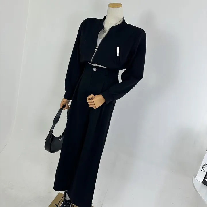 [패드내장/데일리/캐주얼/세트가격/봄투피스💞] 루즈핏 포켓 미니패치 패드 크롭 쭈리 투웨이 집업 + 하이 뒷밴딩 핀턱 롱 슬랙스 와이드팬츠 SET (3COLOR) 상세 이미지 24