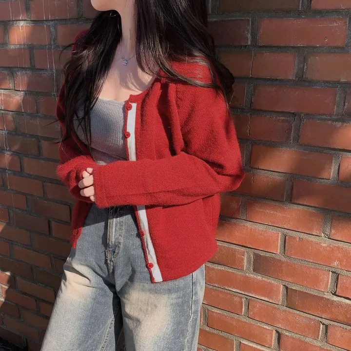 [new컬러추가!/피부하얘보이는❤️]얼굴에 형광등 켰어? 피부 하얘보이는 이유2, 배색 라인 라운드넥 니트 가디건 상세 이미지 13