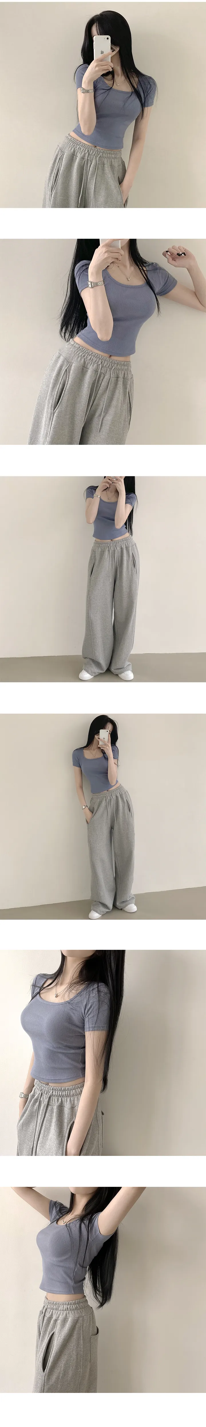 [쫀쫀!,슬림핏/필수템] 몸매 예뻐보이는, 쫀득 스퀘어넥 골지 크롭 반팔티셔츠 (10color) 상세 이미지 8