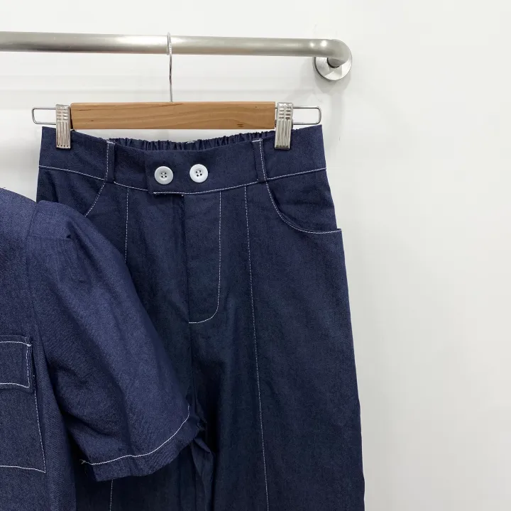 [SET!]데님 스티치 스퀘어넥 크롭 퍼프 자켓 롱 와이드 팬츠 투피스 세트 1color 상세 이미지 8