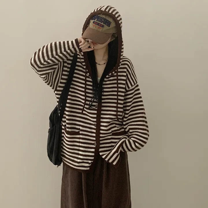 [울함유/폭닥✨] 빈티지힙 오버핏 스트라이프 단가라 니트 후드가디건 단추 집업 상세 이미지 14