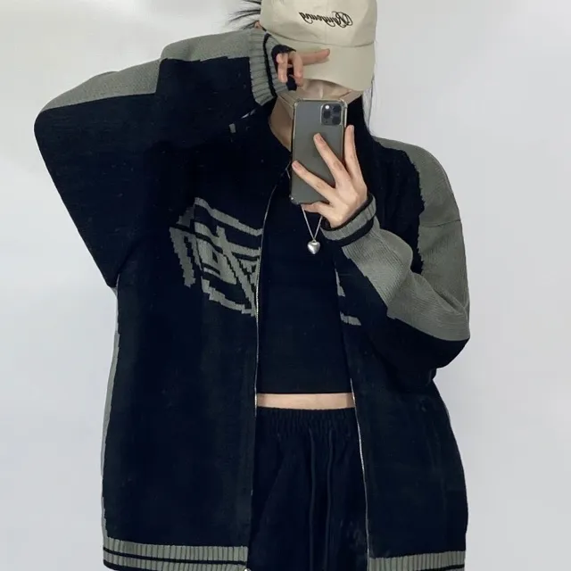[~3XL] 빈티지 힙무드 박시니트집업💝 배색 나그랑 스트릿/투웨이 남녀공용 커플 빅사이즈 [4070] 상세 이미지 20