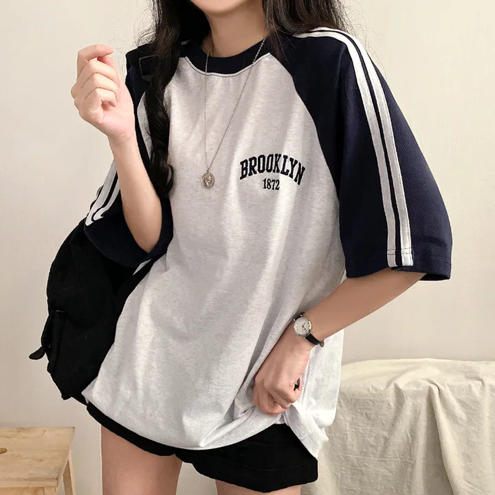 [예쁜/스포티!] 두줄 져지 배색 나그랑 브루클린 자수 데일리 반팔티T 5color 상세 이미지 24