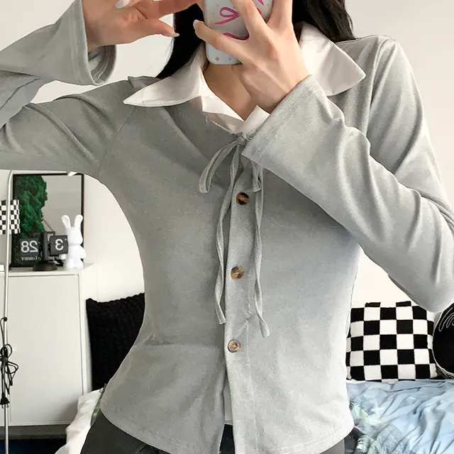 [일체형/모던룩/2col] 신디 일체형 슬림핏 레이어드 셔츠 가디건 / 카라넥 / 리본가디건 / 레이어드티셔츠 / 페이크셔츠 / 긱시크 / 브이넥 / 셔츠니트 / 코디완성 / 강추 상세 이미지 27
