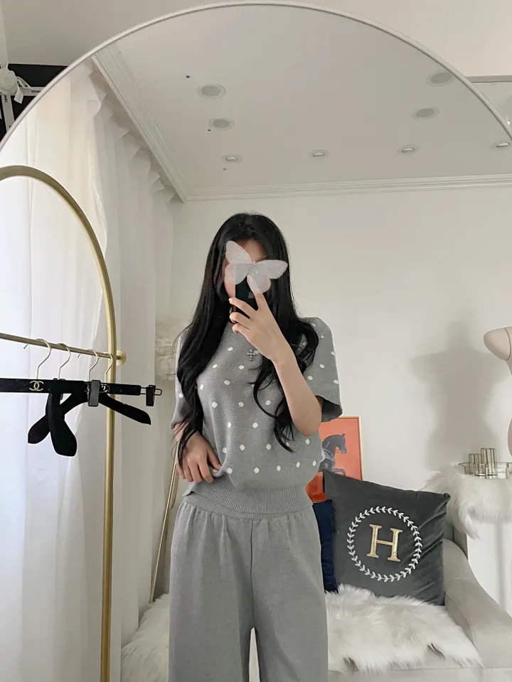 수입 벌룬 땡땡이 반팔 니트 와이드 마실룩 투피스 셋업 상세 이미지 11