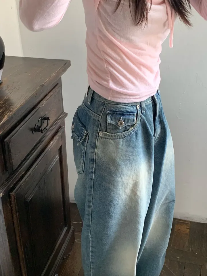 카리나 착용🔥코이 백 포켓 하이라이트 워싱 벌룬 보이핏 와이드 데님 롱 팬츠  ootj 상세 이미지 21
