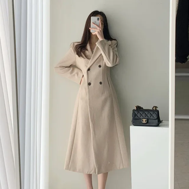 A라인 슬림 롱 플레어 더블 버튼 울코트 블랙 베이지 상세 이미지 47