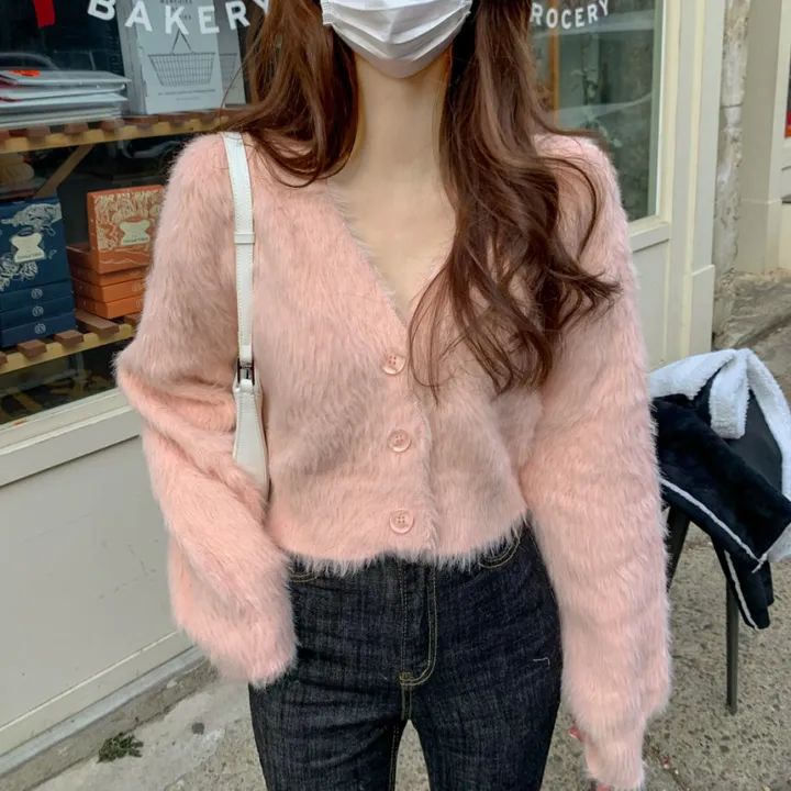[심쿵핏/털빠짐X] 따뜻 도톰 파스텔 루즈핏 앙고라 모헤어 크롭 브이넥 벌룬 소매 깃털 퍼 니트 가디건 상세 이미지 14
